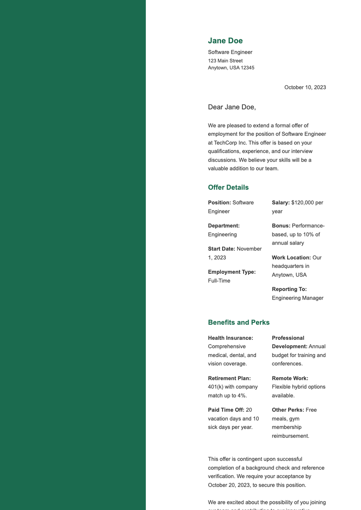 Formal job offer letter for Accounts Manager position with salary details and benefits handbook_variant_2